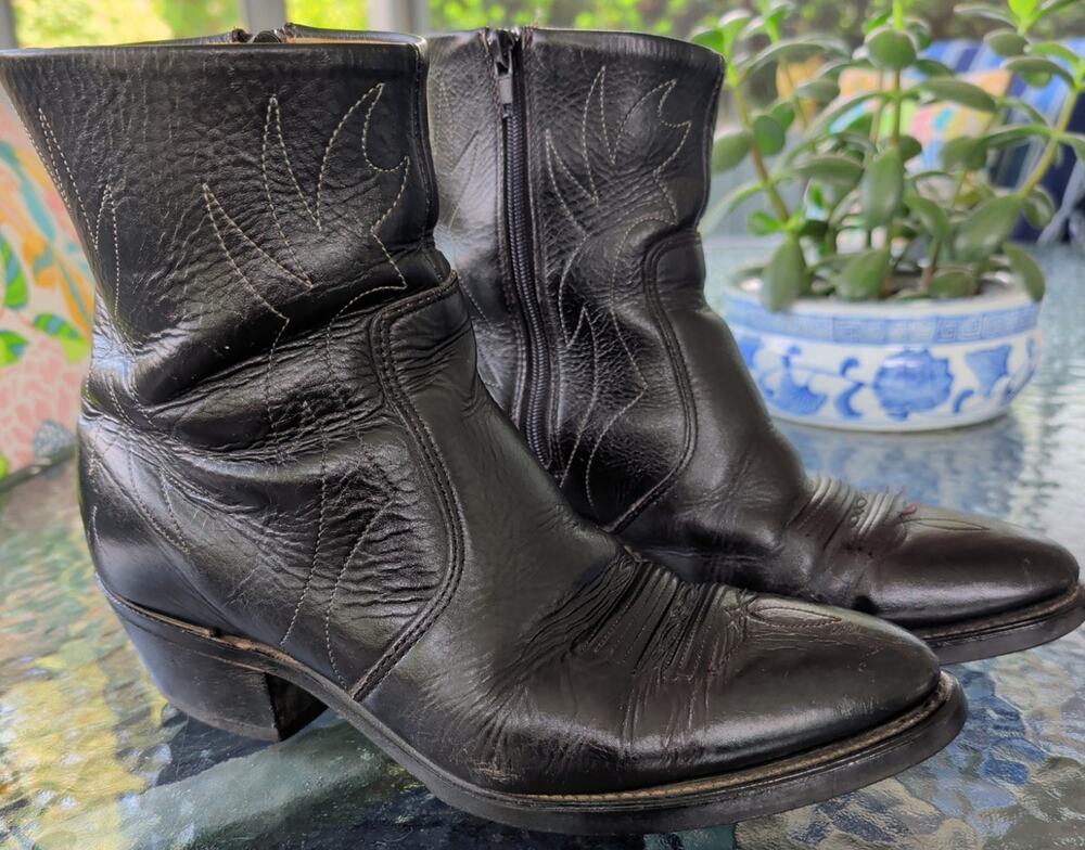 VTG Laredo Long Haul Mens 8.5M Black Leather Side Zip Western Ankle Cowboy Boots